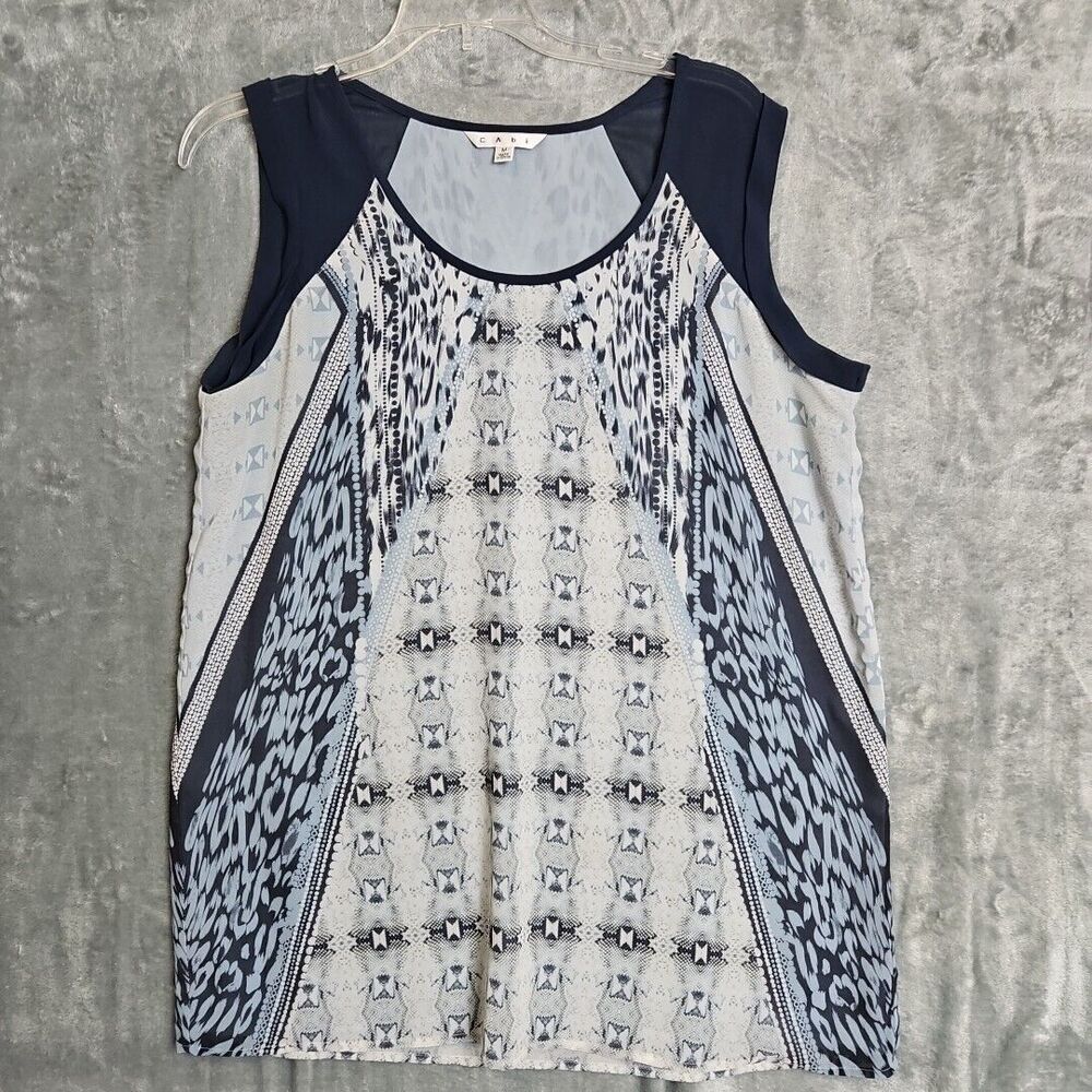 Cabi Sleeveless Top Sz Med Lined Blue White sheer bodice blouse mixed media